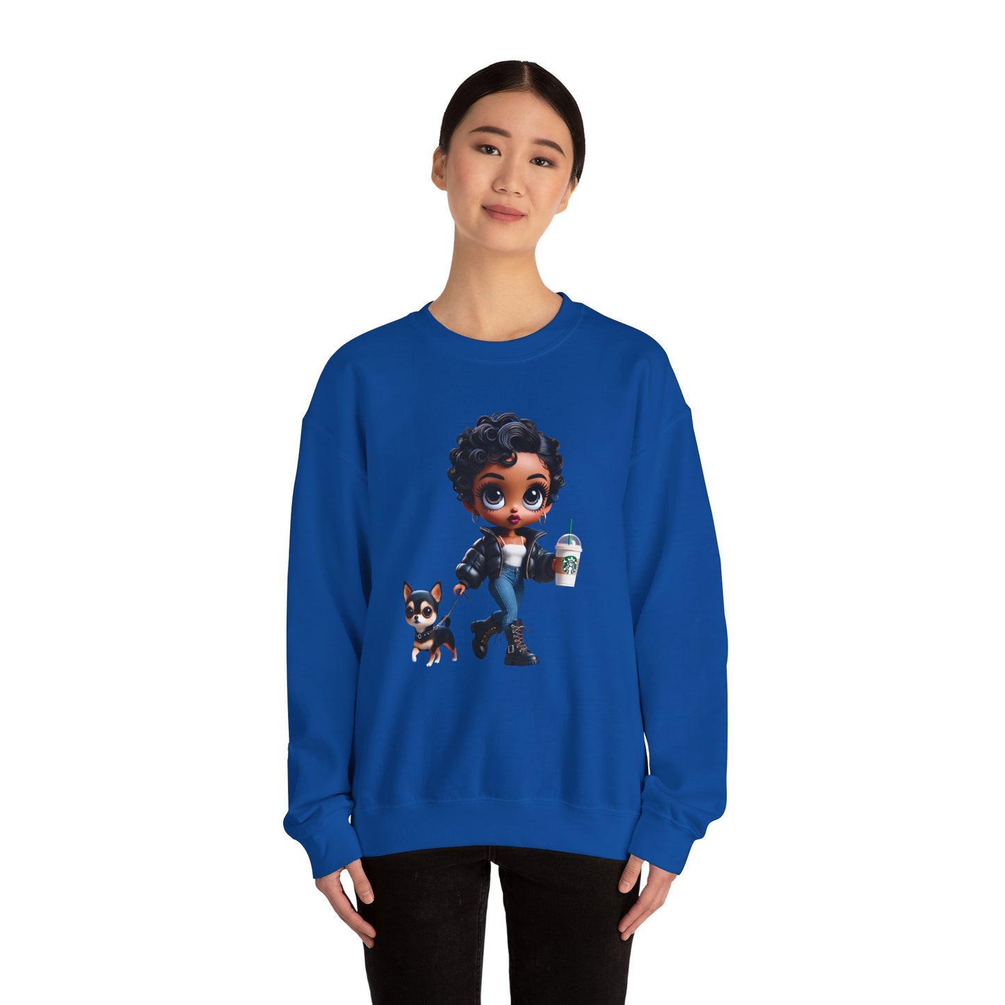 Chibi Betty Boop Sweatshirt - Walking her Dog with Coffee