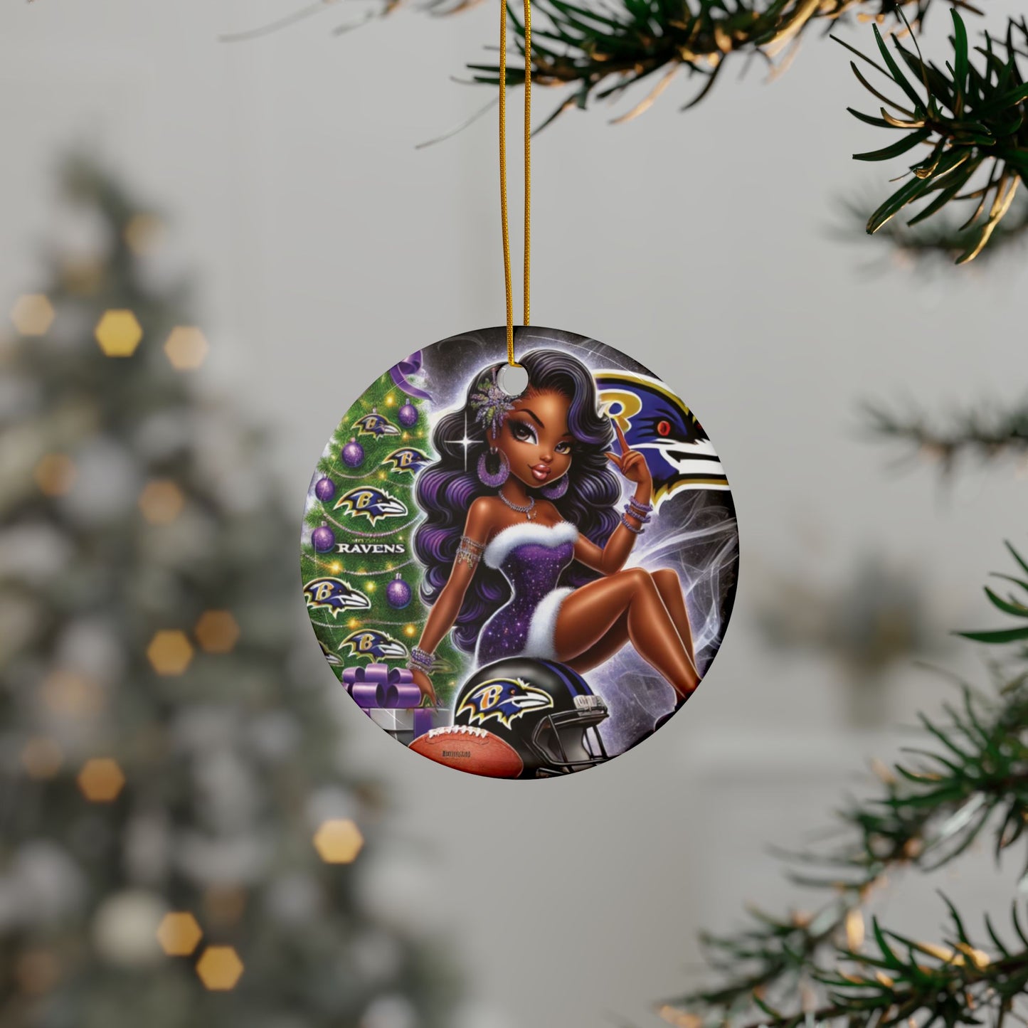 Ceramic Ornaments - African American Woman Christmas Ravens Theme