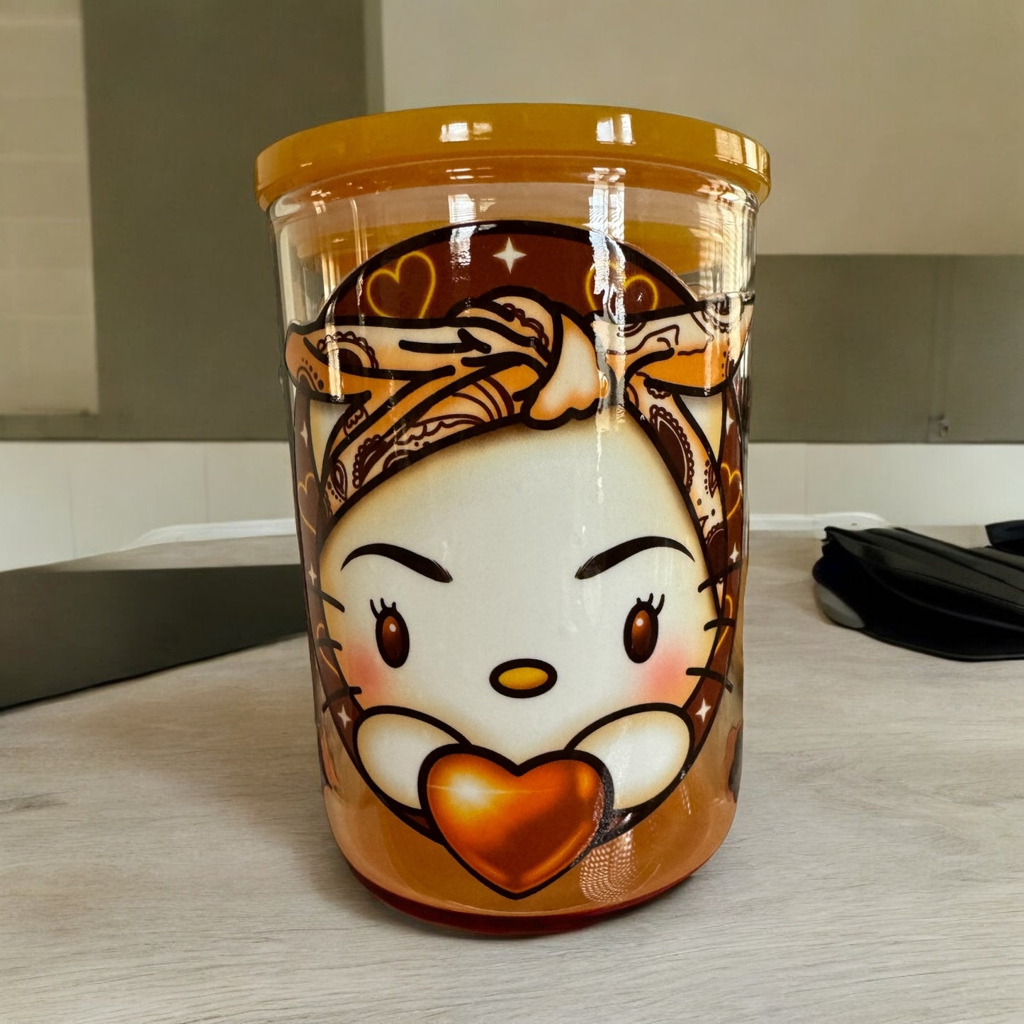 Golden Kitty glass can mug